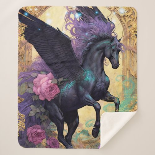 Black Pegasus and Ornate Damask Sherpa Blanket