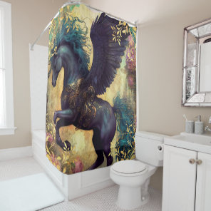 Black Pegasus and Ornate Damask Shower Curtain
