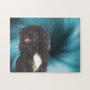 Black Pekingese Blue Swirls Dog Art  Jigsaw Puzzle by SmilinEyesTreasures at Zazzle