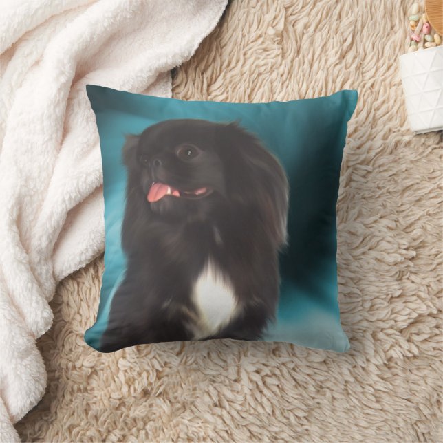 Black Pekingese Dog Art Throw Pillow (Blanket)