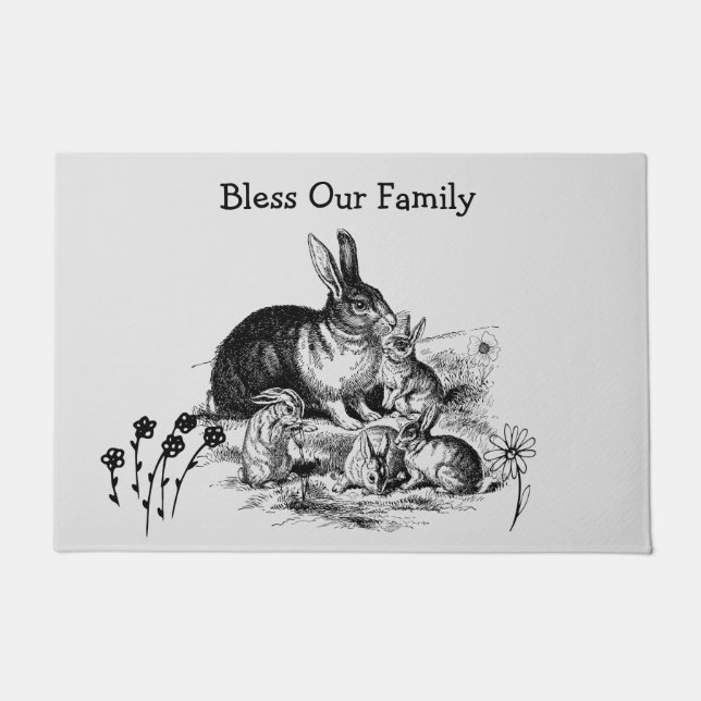 Black Pencil Art Bunny Family Doormat (Front)