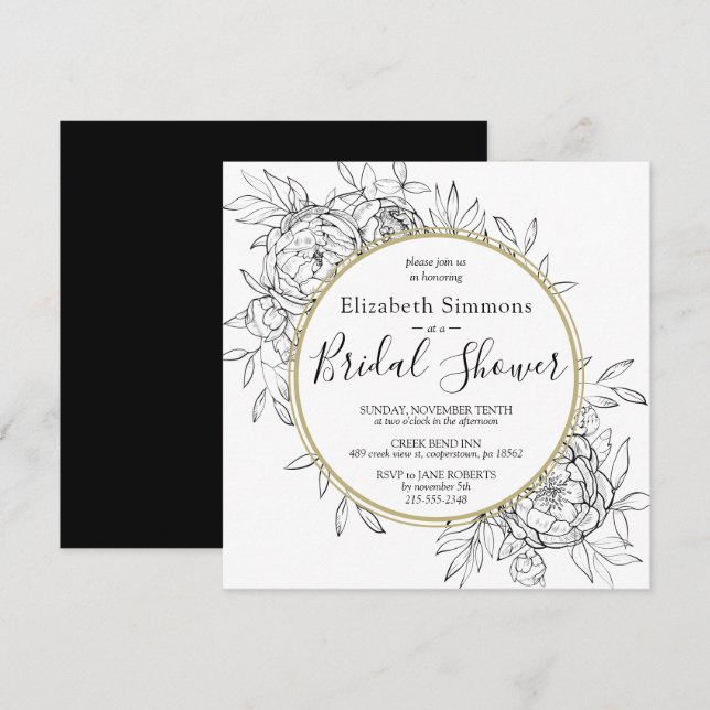 Black Peony Modern Floral Toile Bridal Shower Invitation (Front/Back)