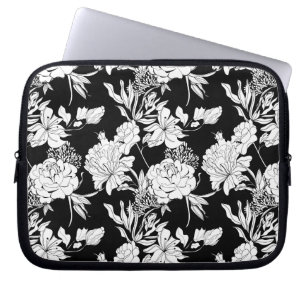 Black Peony Tiger Lily Flower Pattern Laptop Sleeve