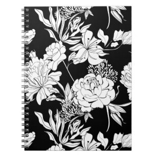 Black Peony Tiger Lily Flower Pattern Notebook