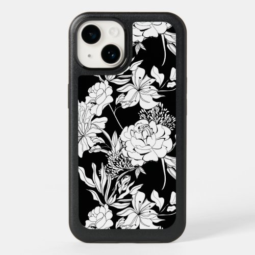 Black Peony Tiger Lily Flower Pattern OtterBox iPhone 14 Case