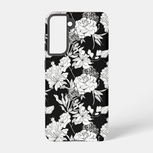 Black Peony Tiger Lily Flower Pattern Samsung Galaxy S21 Case