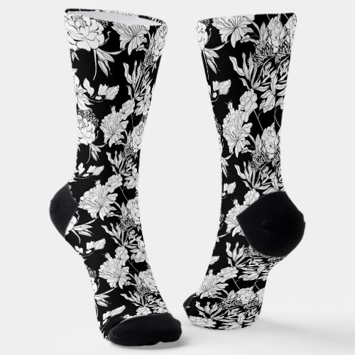 Black Peony Tiger Lily Flower Pattern Socks