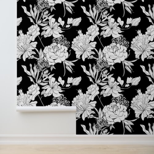 Black Peony Tiger Lily Flower Pattern Wallpaper