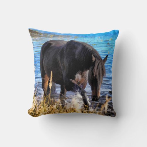 Black Percheron Horse and Lake Artwork Throw Pillow