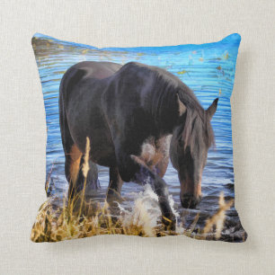 Black Percheron Horse and Lake Artwork Throw Pillow