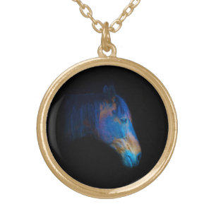 Black Percheron Horse Portrait Gold Plated Necklace