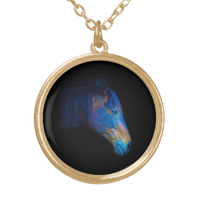 Black Percheron Horse Portrait Gold Plated Necklace (Front)