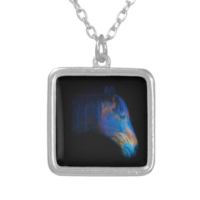 Black Percheron Horse Portrait Silver Plated Necklace (Front)