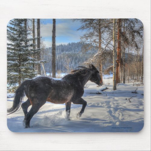Black Percheron in Forest and First Winter Snow Mouse Pad