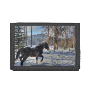Black Percheron in Forest and First Winter Snow Tri-fold Wallet