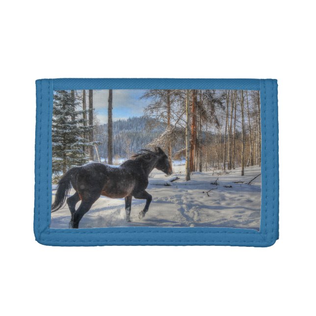 Black Percheron in Forest and First Winter Snow Tri-fold Wallet (Front)