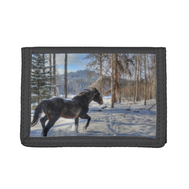 Black Percheron in Forest and First Winter Snow Trifold Wallet (Front)