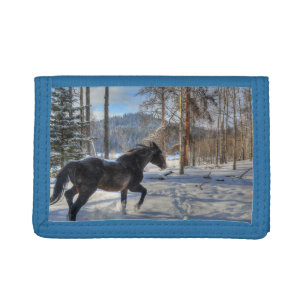 Black Percheron in Forest and First Winter Snow Trifold Wallet