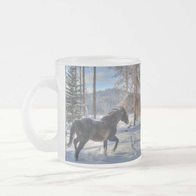 Black Percheron in Winter Snow & Forest Frosted Glass Coffee Mug (Left)