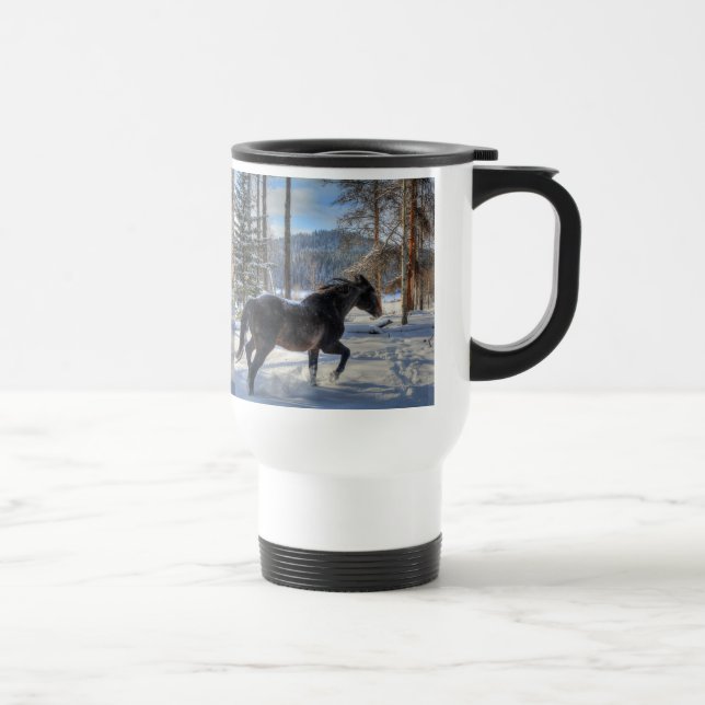 Black Percheron in Winter Snow & Forest Travel Mug (Right)