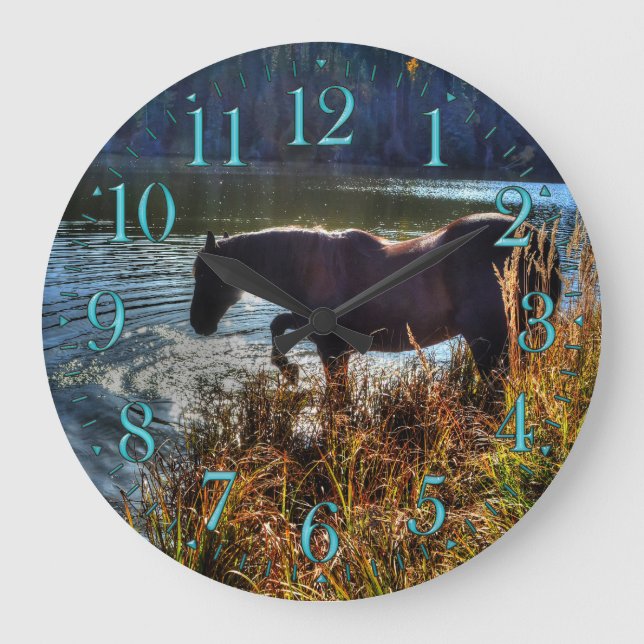 Black Percheron Stallion Playing at Lake's Edge Large Clock (Front)