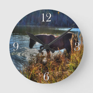Black Percheron Stallion Playing at Lake's Edge Round Clock