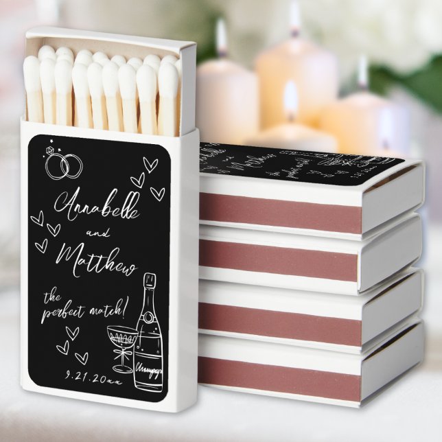 Black Perfect Match Hand Drawn Wedding Matchbox (Perfect Match Black Hand Drawn Wedding Matchbox)