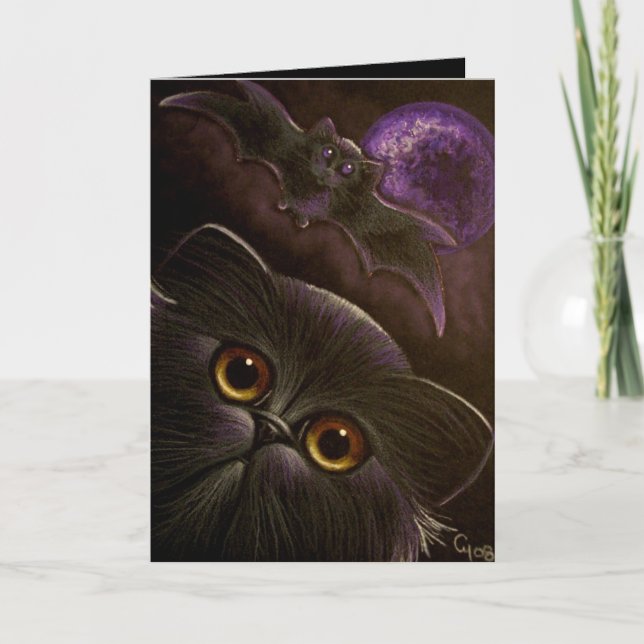 BLACK PERSIAN CAT BAT HALLOWEEN NIGHT 3 CARD (Front)