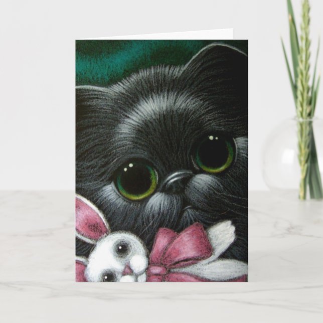 BLACK PERSIAN CAT & EASTER BUNNY Card (Front)