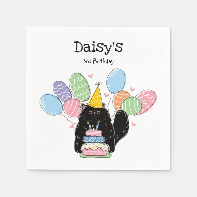 Black Persian Cat Longhair Birthday Paper Napkins (Front)