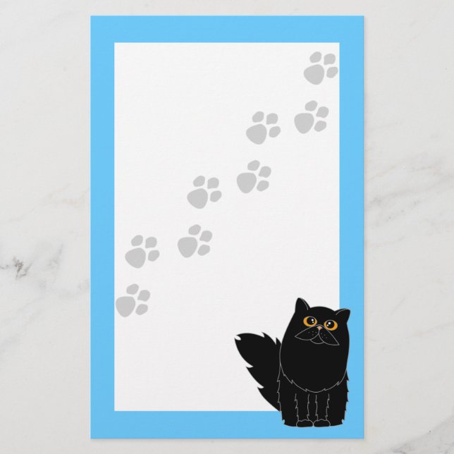 Black Persian Cat Orange Eyes Pawprint Stationery (Front)