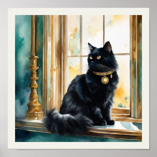 Black Persian Cat Watercolor Aqua Details Poster