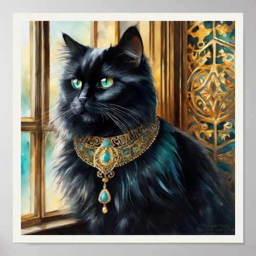 Black Persian Cat Watercolor Aqua Golden Poster