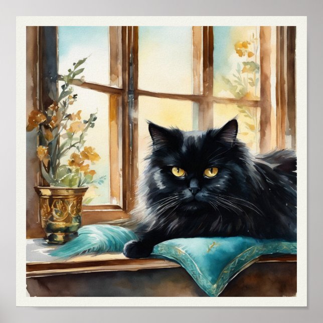 Black Persian Cat Watercolor Aqua Pillow Poster (Front)