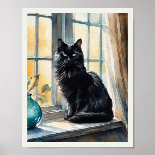 Black Persian Cat Watercolor Aqua Vase Poster