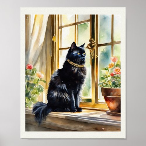 Black Persian Cat Watercolor Gold Collar Poster
