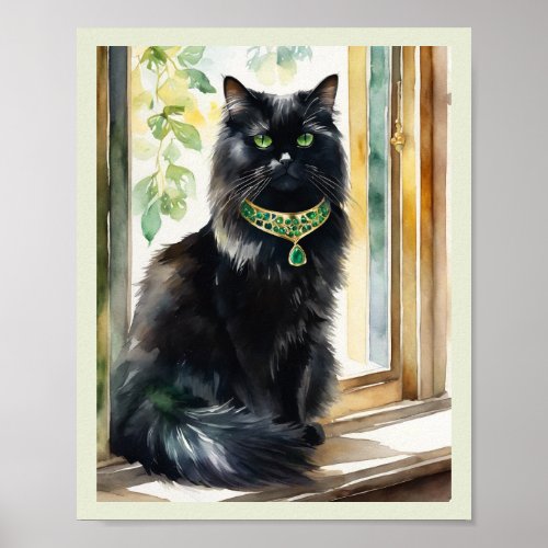 Black Persian Cat Watercolor Gold Emerald Collar Poster