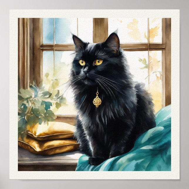 Black Persian Cat Watercolor Golden Sunlight Poster (Front)