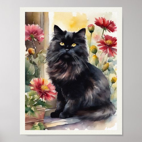 Black Persian Cat Watercolor Red Asters Poster