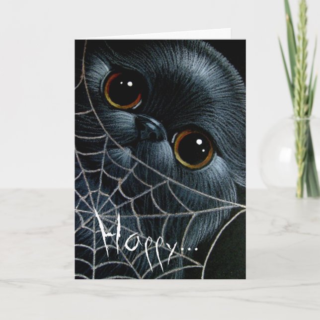 BLACK PERSIAN CAT & WEB HALLOWEEN Card (Front)