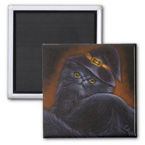 Black Persian Cat  with Witch Hat _ Magnet