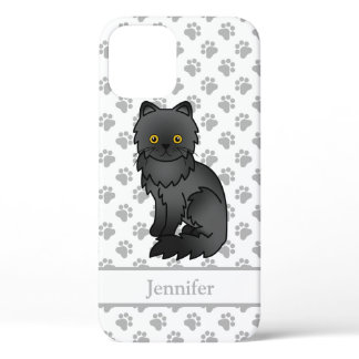 Black Persian Cute Cartoon Cat &amp; Name iPhone 12 Case