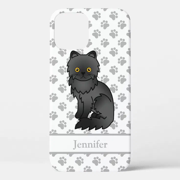Black Persian Cute Cartoon Cat & Name Case-Mate iPhone Case | Zazzle