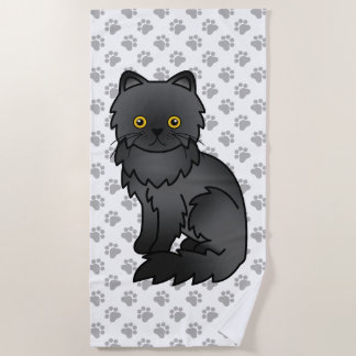 Black Persian Cute Cartoon Cat &amp; Paws Beach Towel