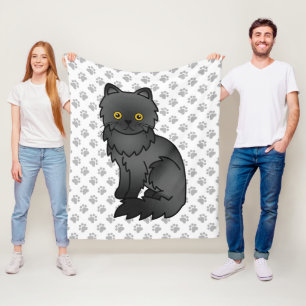 Black Persian Cute Cartoon Cat & Paws Fleece Blanket