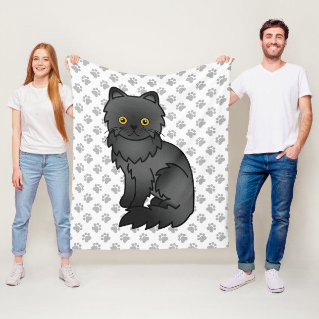 Black Persian Cute Cartoon Cat & Paws Fleece Blanket (In Situ)
