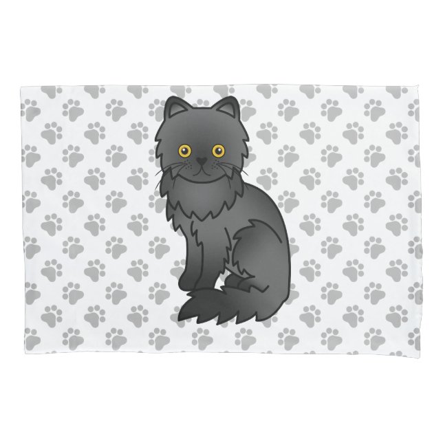 Black Persian Cute Cartoon Cat & Paws Pillow Case (Front)