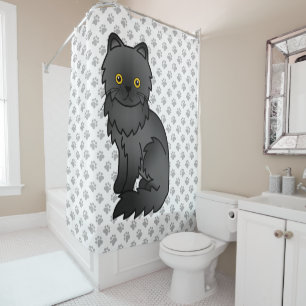 Black Persian Cute Cartoon Cat & Paws Shower Curtain