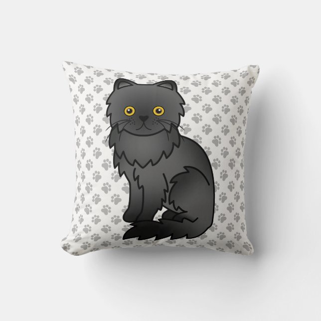 Black Persian Cute Cartoon Cat & Paws Throw Pillow (Front)
