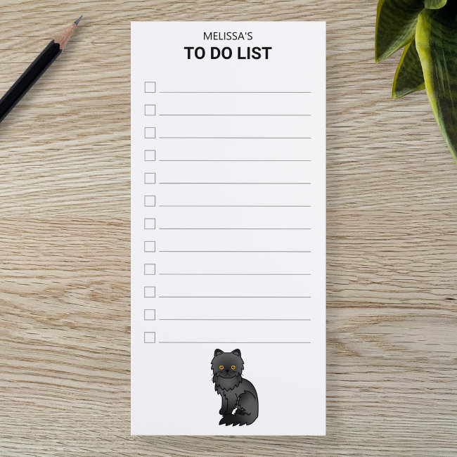 Black Persian Cute Cartoon Cat To Do List & Name Magnetic Notepad